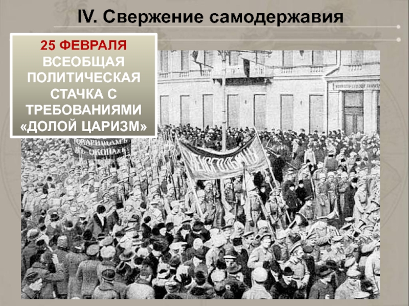 IV. Свержение самодержавия25 ФЕВРАЛЯВСЕОБЩАЯ ПОЛИТИЧЕСКАЯ СТАЧКА С ТРЕБОВАНИЯМИ «ДОЛОЙ ЦАРИЗМ»