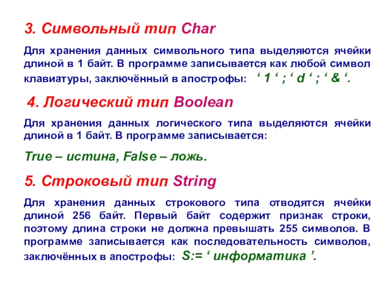 Символьный тип данных в паскале презентация