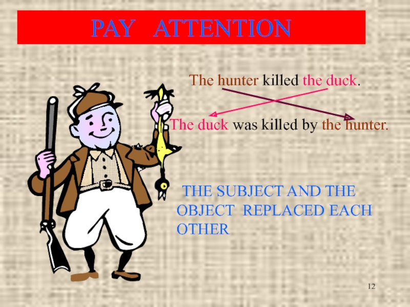 PAY  ATTENTION    The hunter killed the duck. The duck was killed by the