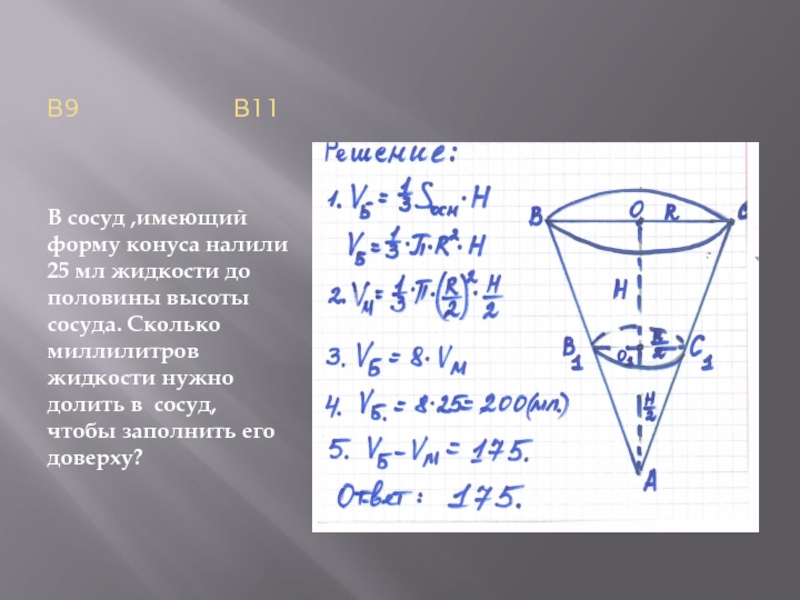 Половину сосуда. Сосуд в форме конуса. В сосуде имеющем форму конуса. Объем жидкости в конусе. В сосуб имеющий. Форум конуса.