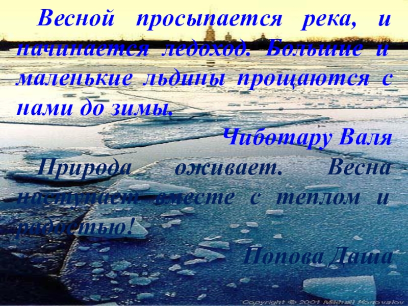 Весной просыпается река, и начинается ледоход. Большие и маленькие льдины прощаются с нами до зимы. Чиботару Валя