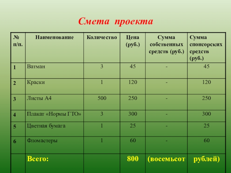 Смета по проекту