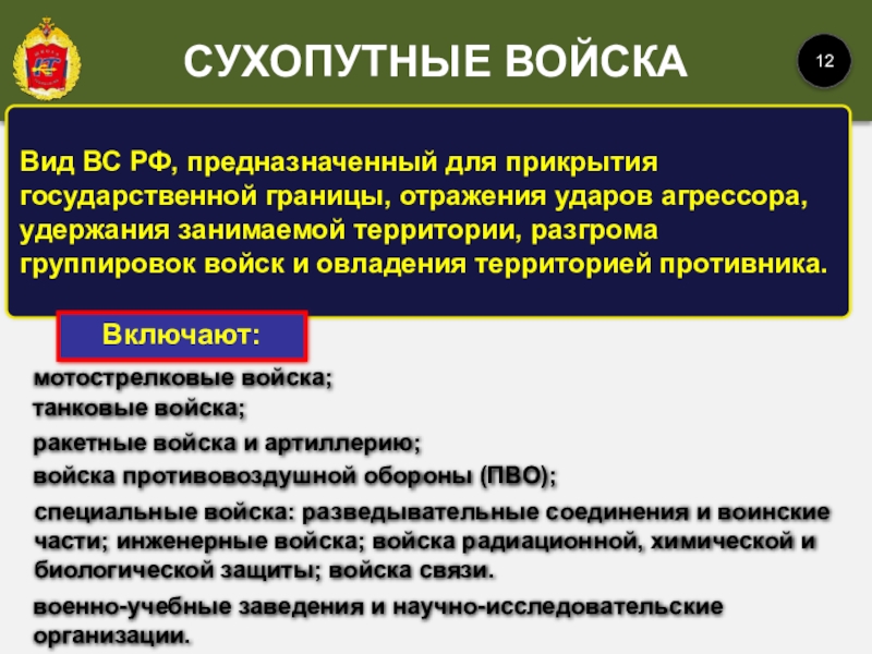 Вид ВС РФ, предназначенный для прикрытия государственной границы, отражения ударов агрессора, удержания занимаемой территории, разгрома группировок войск