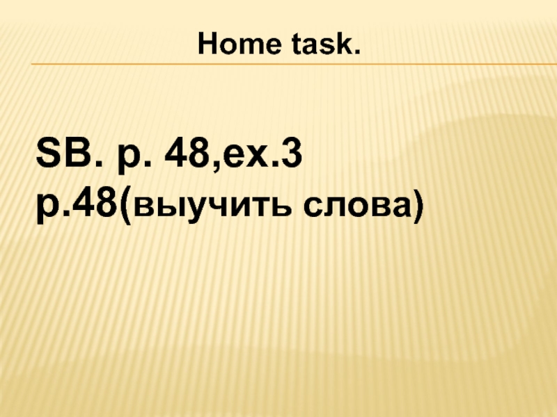 SB. p. 48,ex.3p.48(выучить слова)Home task.