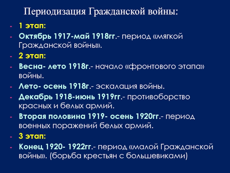 Период гг. Первый этап октябрь 1917 май 1918. Второй этап: Весна - декабрь 1918. Май 1918. Период мягкой гражданской войны.