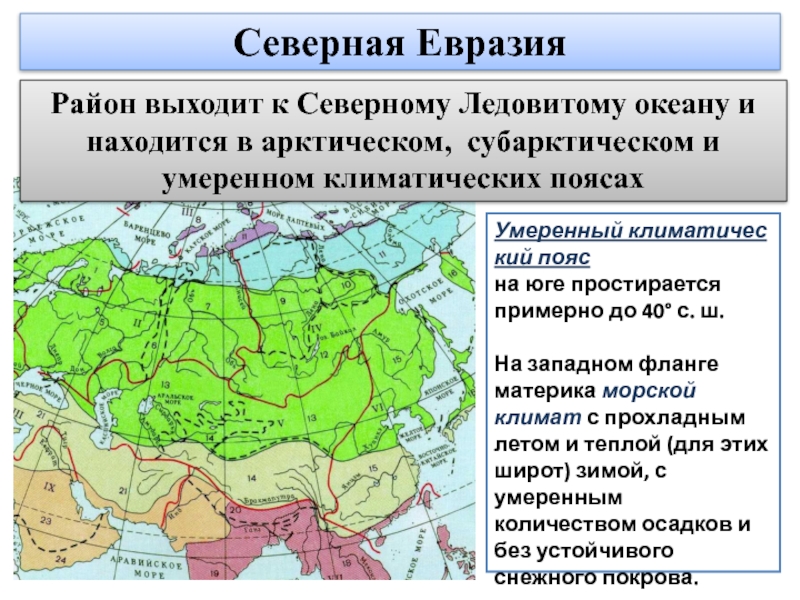 Северная ЕвразияРайон выходит к Северному Ледовитому океану и находится в арктическом,  субарктическом и умеренном климатических поясахУмеренный климатический пояс