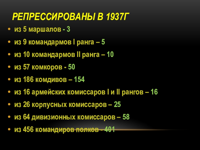 Репрессированы в 1937гиз 5 маршалов - 3из 9 командармов I ранга – 5из 10 командармов II ранга