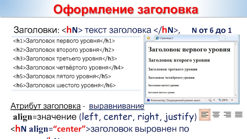 Заголовок первого уровня на странице. Оформление текста заголовка. Заголовок к тексту. История развития html. Какой тег не является параметром тега выравнивания align.