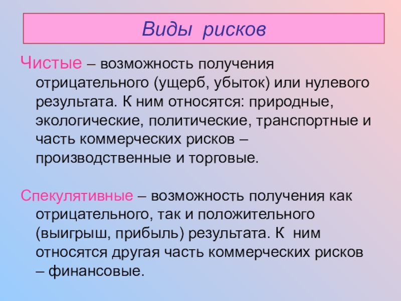 Виды рисковЧистые – возможность получения отрицательного (ущерб, убыток) или нулевого результата. К ним относятся: природные,