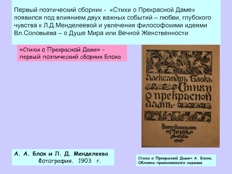 Первый поэтический сборник - «Стихи о Прекрасной Даме» появился под влиянием двух важных событий – любви,