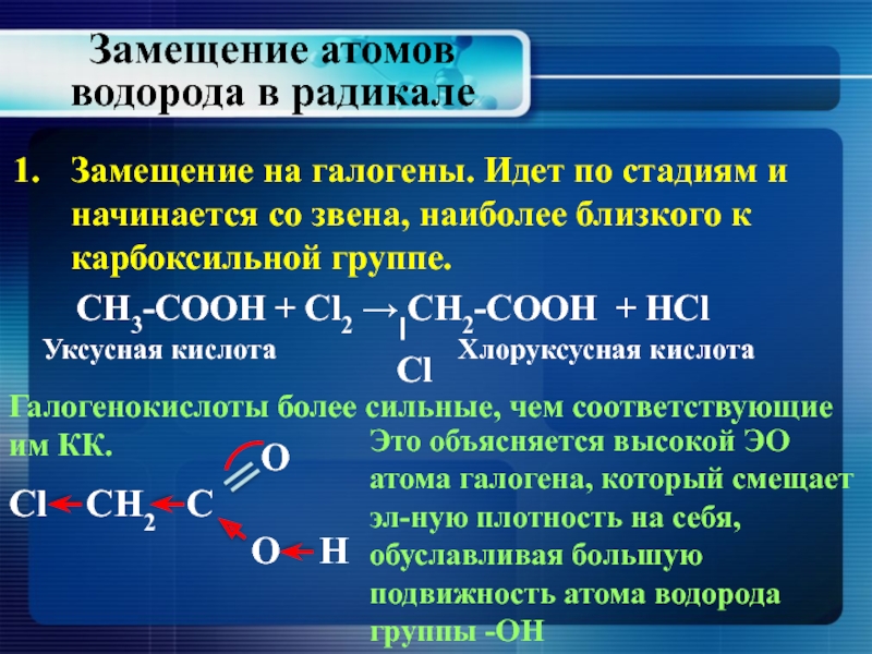 Реакция водорода характерна для. Замещение атомов водорода. Замещение карбоксильной группы на галоген. Замещение водорода на галоген в карбоновых кислот. Карбоновые кислоты замещение.