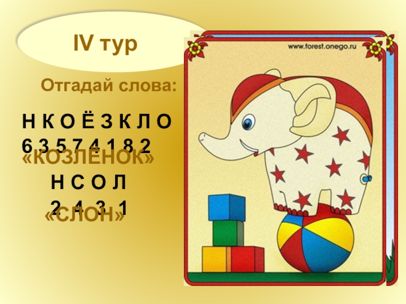 IV турОтгадай слова:Н К О Ё З К Л О6 3 5 7 4 1 8 2«КОЗЛЁНОК»Н