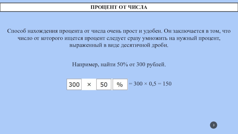 Процент от числаСпособ нахождения процента от числа очень прост и удобен. Он заключается в том, что число