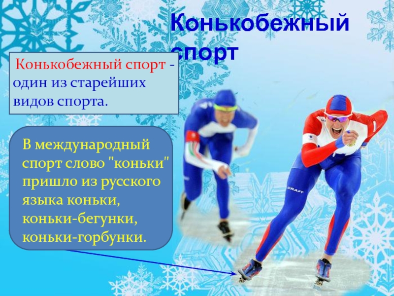 Конькобежный спорт Конькобежный спорт - один из старейших видов спорта. В международный спорт слово 