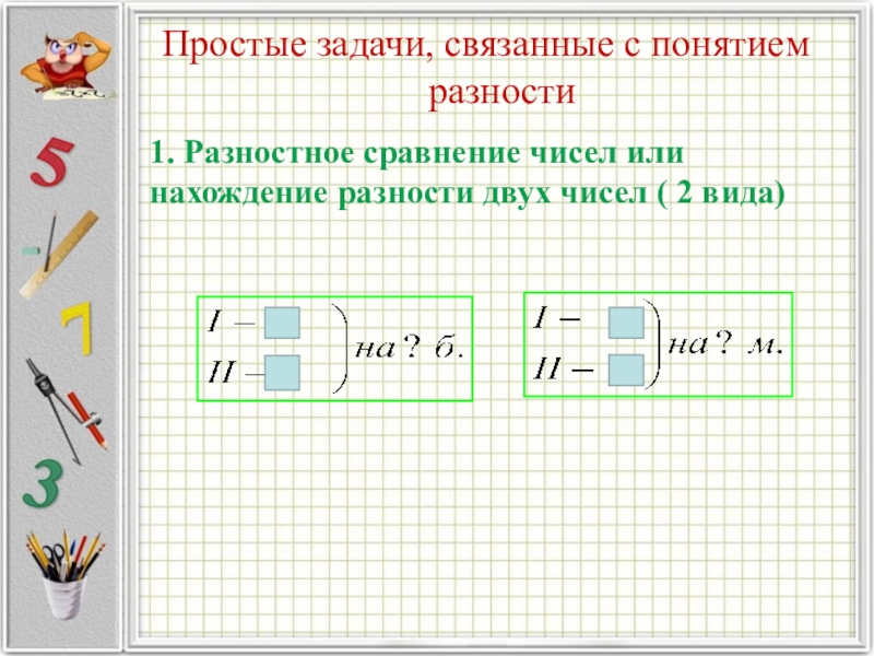 Простые задачи. Задачи на разностное сравнение или на нахождение разности двух чисел. Разностное сравнение чисел или нахождение разности двух чисел 1 вид.