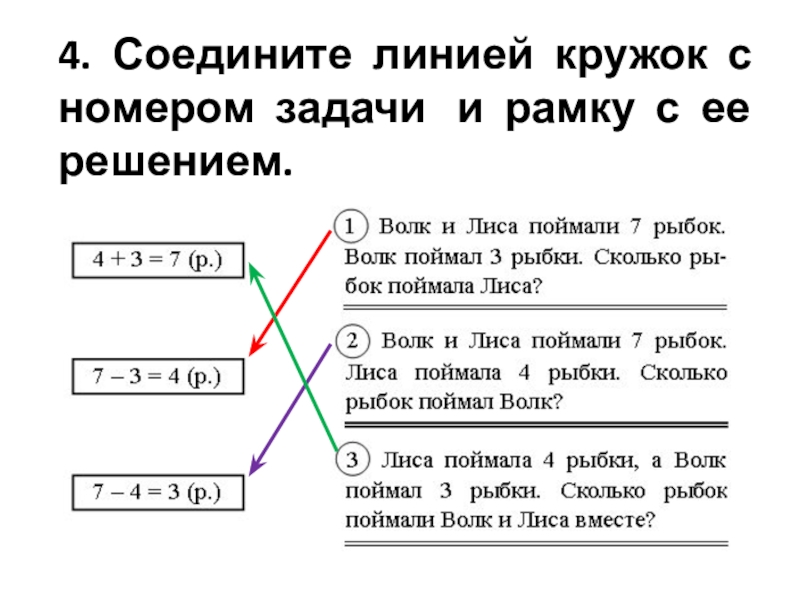 4. Соедините линией кружок с номером задачи  и рамку с ее решением. 
