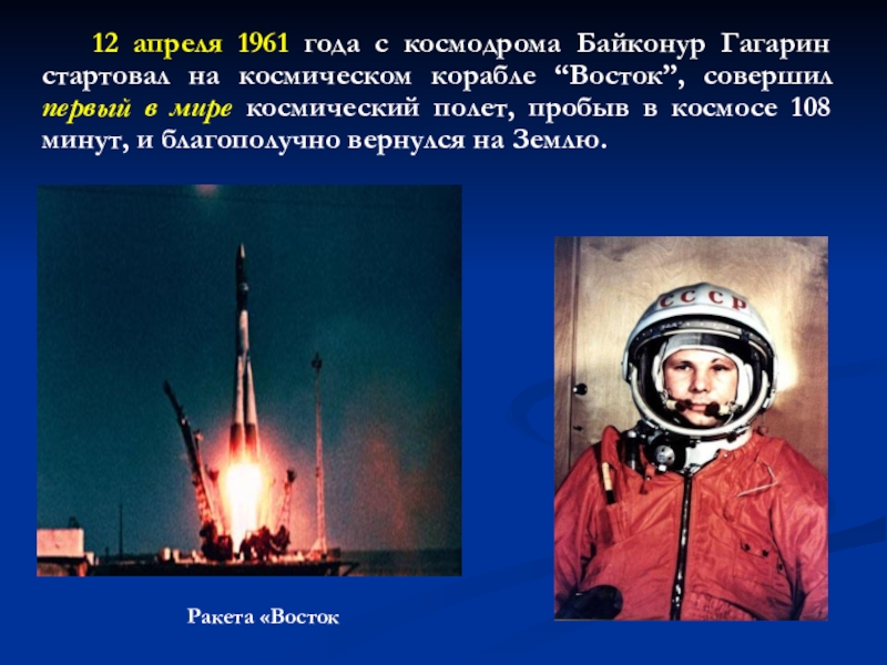 Как назывался первый космический корабль гагарина. Байконур 1961 Гагарин. Космический корабль Восток Юрия Гагарина 1961. Ракета Юрия Гагарина Восток-1.