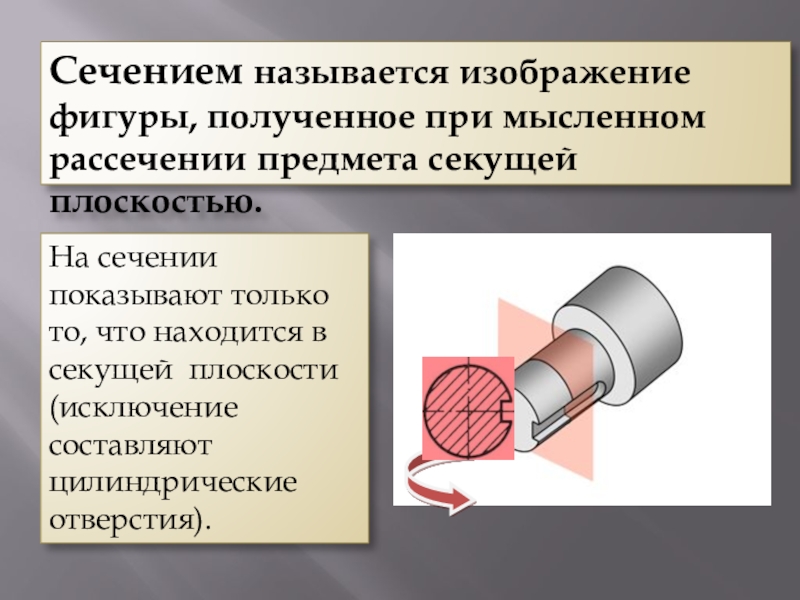 Изображение предмета в секущей плоскости. Сечением называется изображение. Сечением называется изображение фигуры. Изображение полученное при мысленном рассечении предмета плоскостью.