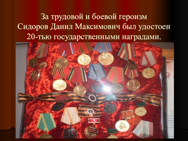 За трудовой и боевой героизм Сидоров Данил Максимович был удостоен 20-тью государственными наградами.