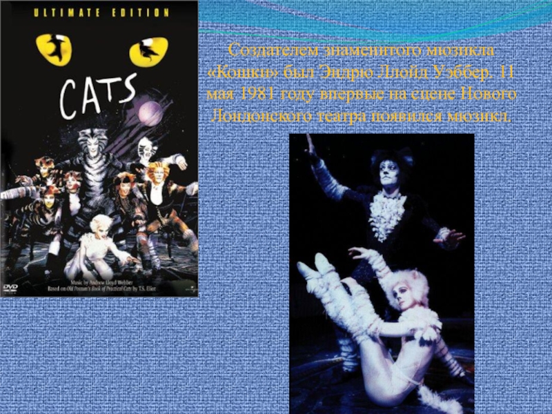 Создателем знаменитого мюзикла «Кошки» был Эндрю Ллойд Уэббер. 11 мая 1981 году впервые на сцене Нового Лондонского