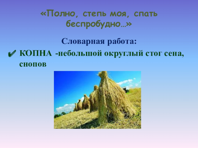 «Полно, степь моя, спать беспробудно…»Словарная работа:КОПНА -небольшой округлый стог сена, снопов