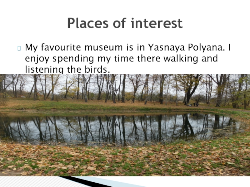 My favourite museum is in Yasnaya Polyana. I enjoy spending my time there walking and listening the