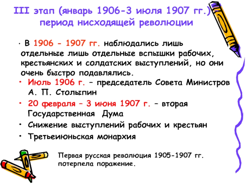 III этап (январь 1906-3 июля 1907 гг.) – период нисходящей революции Июль 1906 г. – председатель Совета