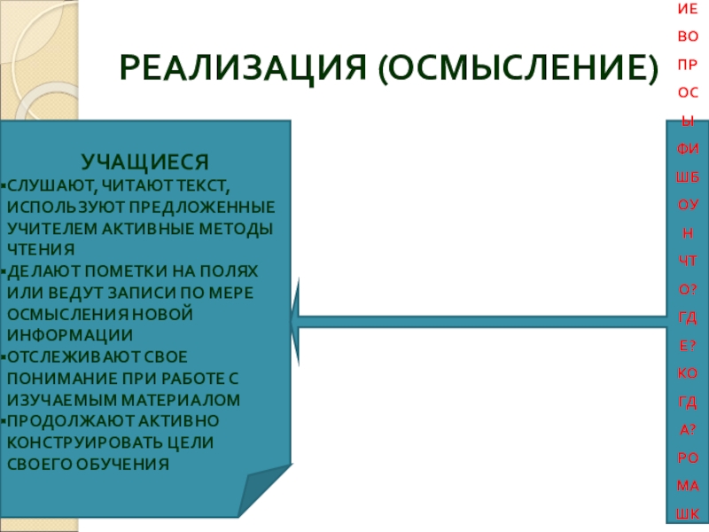 РЕАЛИЗАЦИЯ (ОСМЫСЛЕНИЕ)УЧАЩИЕСЯ СЛУШАЮТ, ЧИТАЮТ ТЕКСТ, ИСПОЛЬЗУЮТ ПРЕДЛОЖЕННЫЕ УЧИТЕЛЕМ АКТИВНЫЕ МЕТОДЫ ЧТЕНИЯДЕЛАЮТ ПОМЕТКИ НА ПОЛЯХ ИЛИ ВЕДУТ ЗАПИСИ