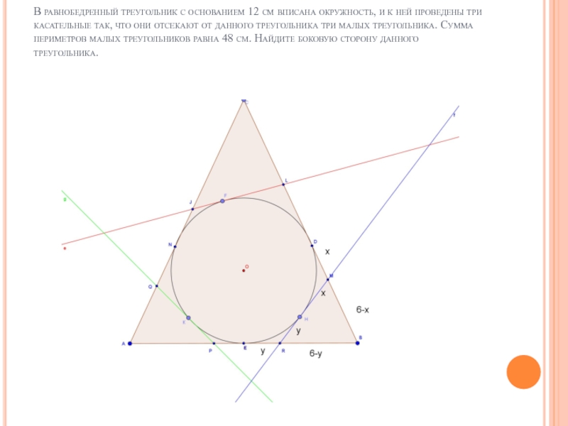 Треугольник вписан в окружность проведена касательная. Периметр равнобедренного треугольника с вписанной окружностью. В равнобедренный треугольник с основанием 12 см. Равнобедренный ТРЕУГОЛЬНИКС соновантем 12. Равнобедренный треугольник в окружности.