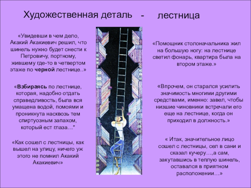 - лестницаХудожественная деталь «Увидевши в чем дело, Акакий Акакиевич решил, что шинель нужно