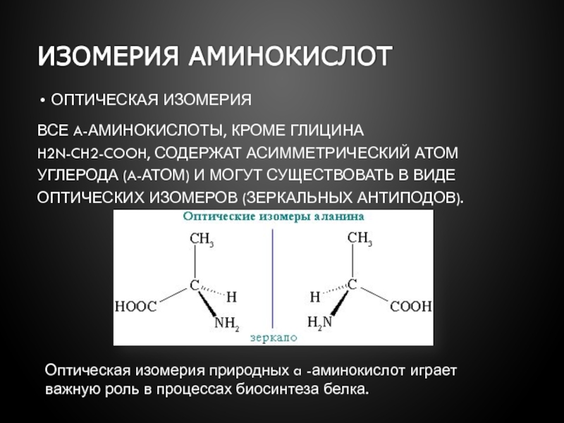 Оптическая изомерияВсе a-аминокислоты, кроме глицина H2N-CH2-COOH, содержат асимметрический атом углерода (a-атом) и могут существовать в виде оптических
