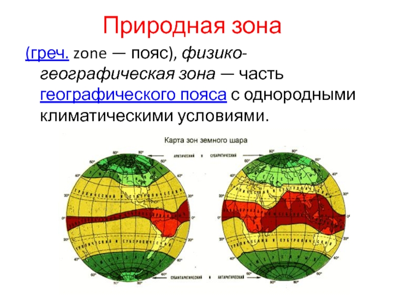 Природная зона (греч. zone — пояс), физико-географическая зона — часть географического пояса с однородными климатическими условиями.