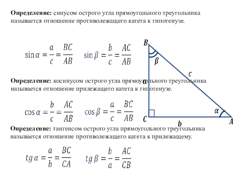 Угол прямоугольного треугольника через две стороны