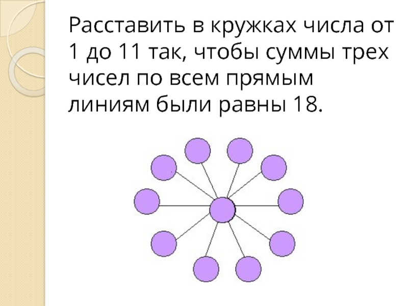 Расставьте числа от 11 до 22 включительно в кружках фигуры изображенной на рисунке так чтобы