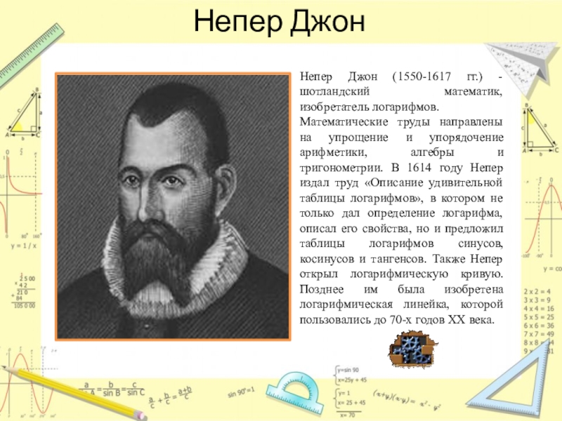 Изобретатель логарифма. Джон Непер изобретения. 1614 Год логарифмическая таблица – Джон Непер, шотландский математик. Джон Непер «1550-1617 гг.» шотландский математик. В 1614 году шотландский математик Джон Непер.