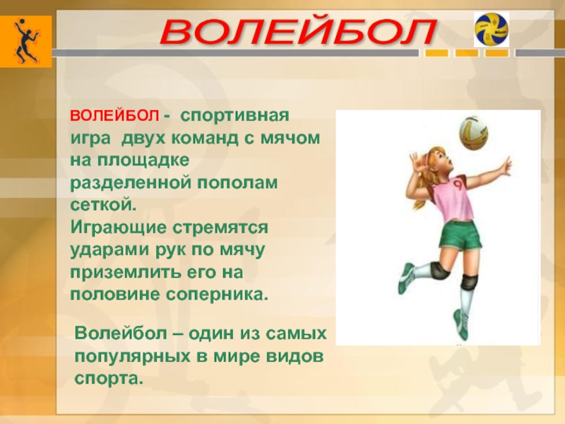 ВОЛЕЙБОЛ Волейбол – один из самых популярных в мире видов спорта.ВОЛЕЙБОЛ - спортивная игра двух команд с