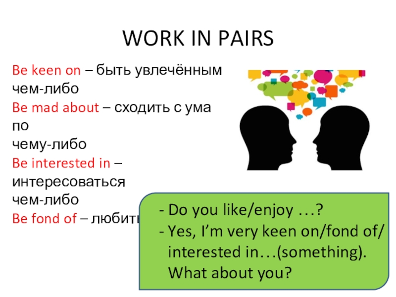 Work in pairs. Be Mad about предложения. To be Mad about. Keen on fond of interested in. Keen on fond of interested in Worksheets.