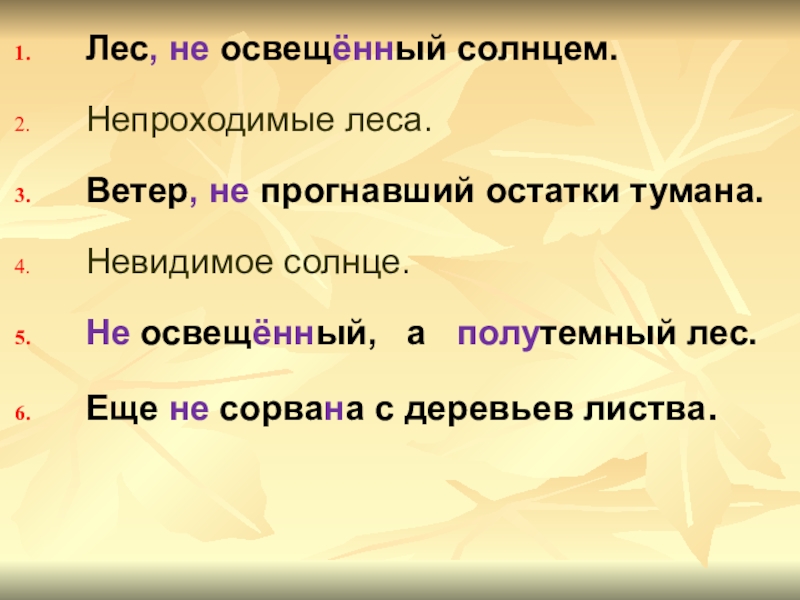 Лес, не освещённый солнцем.Непроходимые леса.Ветер, не прогнавший остатки тумана.Невидимое солнце.Не освещённый,  а  полутемный лес.Еще не