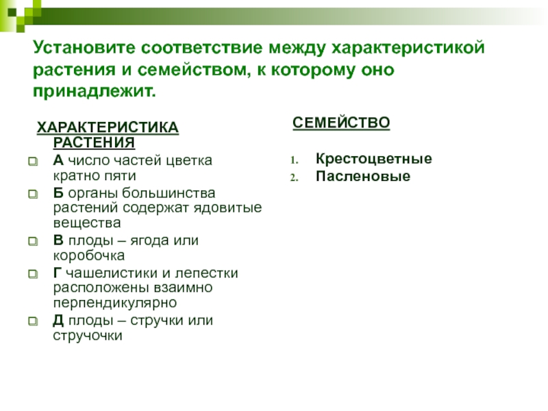 Установите соответствие между характеристикой растения и семейством, к которому оно принадлежит.  ХАРАКТЕРИСТИКА РАСТЕНИЯ А число частей цветка кратно пятиБ органы большинства