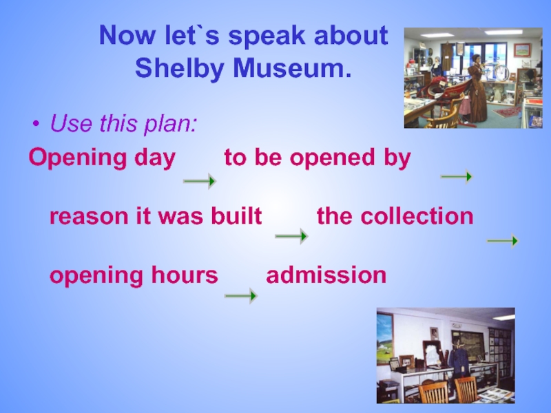 Now let`s speak about  Shelby Museum.Use this plan:Opening day    to be opened by