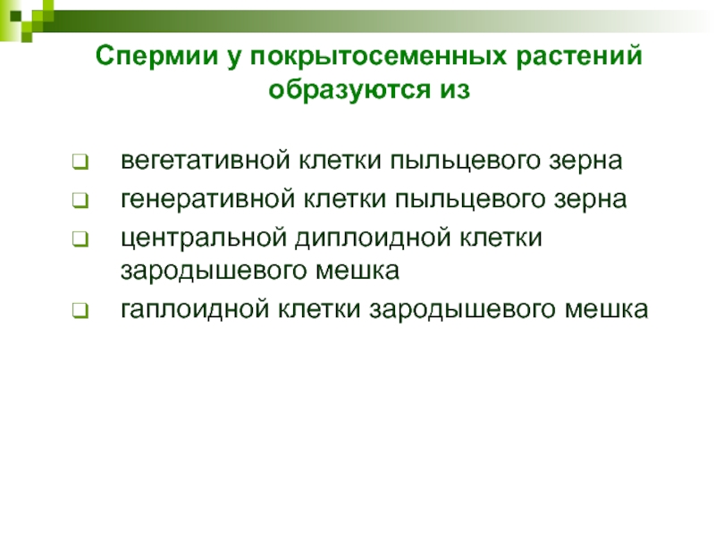 Спермии у покрытосеменных растений образуются извегетативной клетки пыльцевого зерна  генеративной клетки пыльцевого зерна  центральной диплоидной