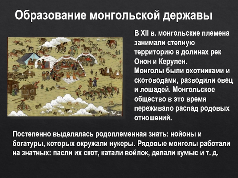 Образование монгольской державыВ XII в. монгольские племена занимали степную территорию в долинах рек Онон и Керулен. Монголы