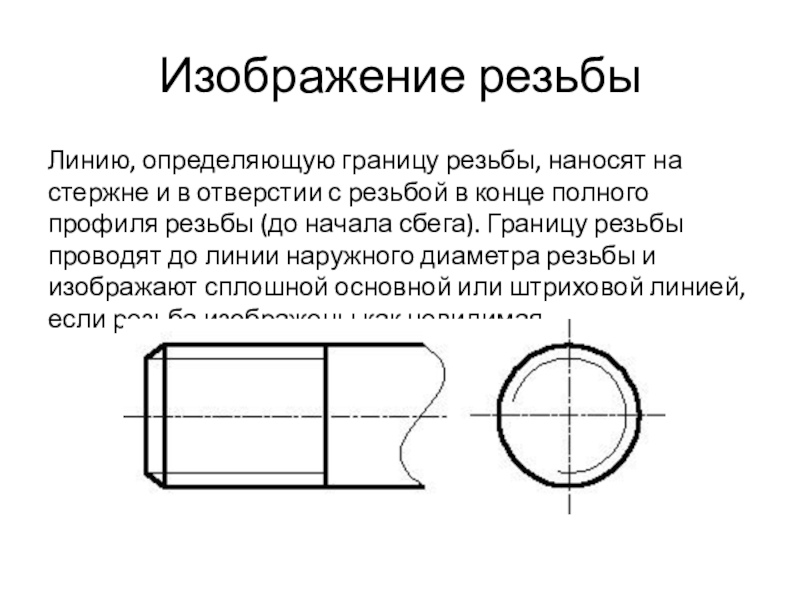 Изображать граница. Линия окончания резьбы. Изображение резьбы на стержне. Резьба на стержне изображается. Изображение резьбы на стержне и в отверстии.