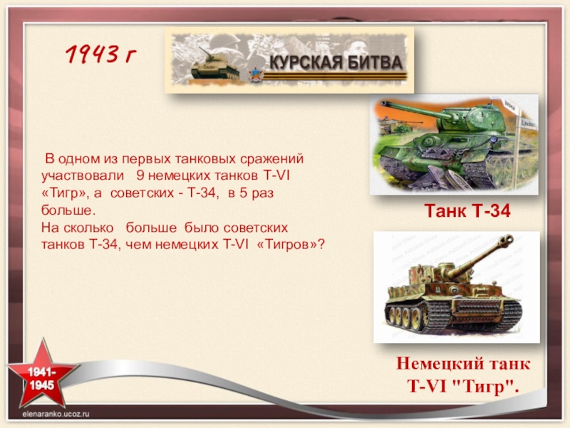 1943 г В одном из первых танковых сражений участвовали  9 немецких танков Т-VI «Тигр», а советских