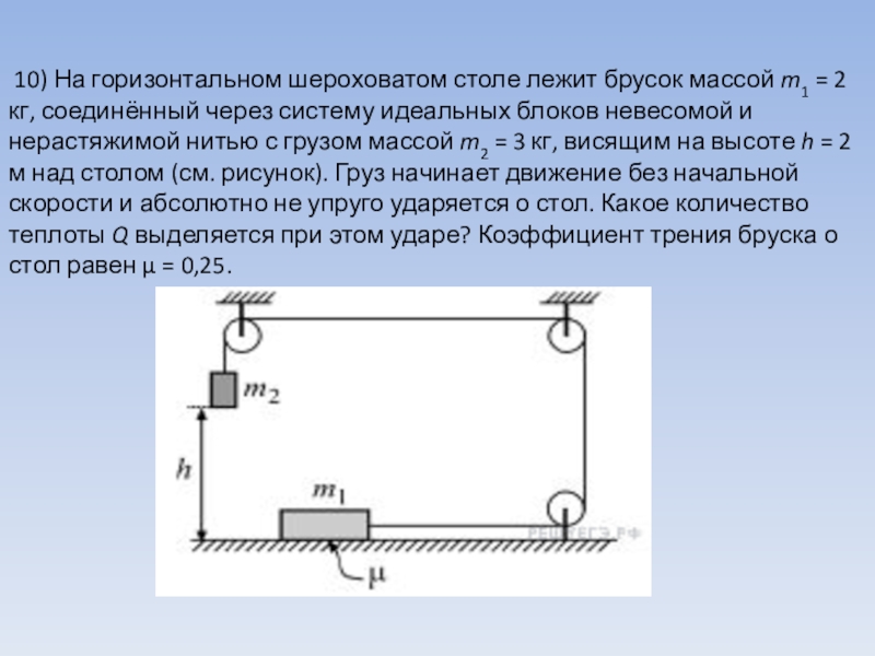 10) На горизонтальном шероховатом столе лежит брусок массой m1 = 2 кг, соединённый через систему идеальных блоков невесомой