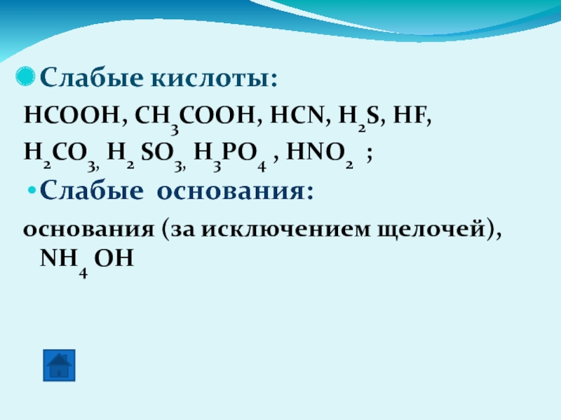 Слабые кислоты:HCOOH, CH3COOH, HCN, H2S, HF,H2CO3, H2 SO3, H3PO4 , HNO2 ;Слабые основания:основания (за исключением щелочей), NH4