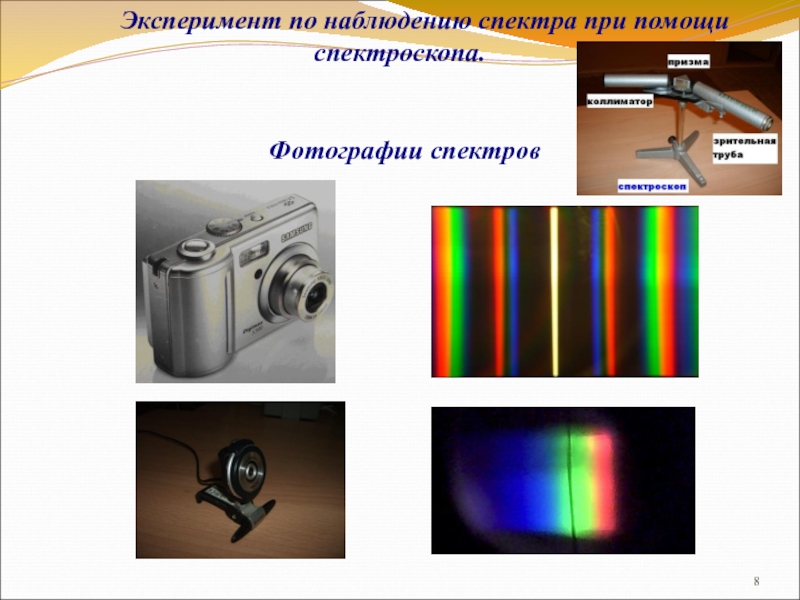 Фотографии спектровЭксперимент по наблюдению спектра при помощи спектроскопа.