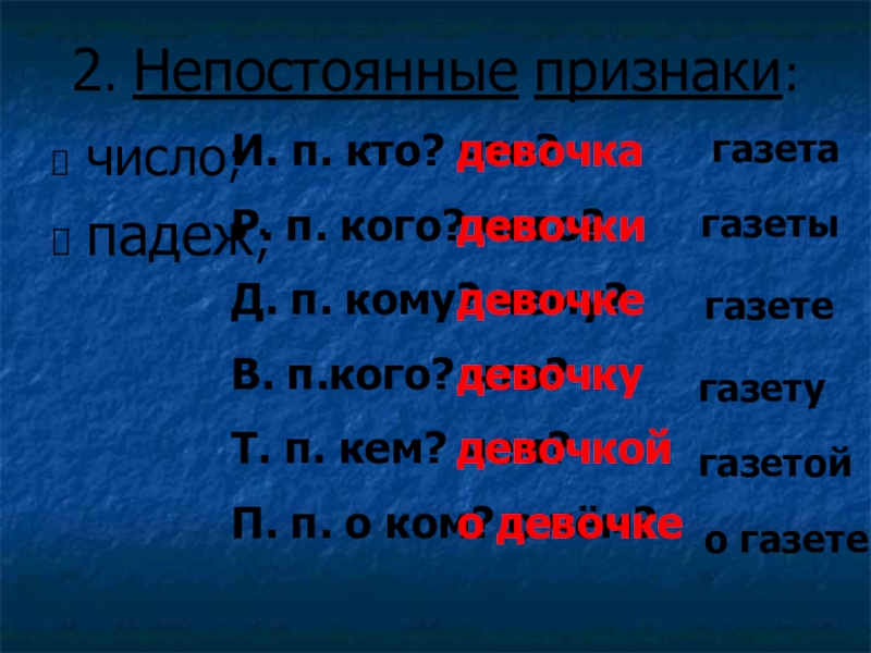 Кому п. Непостоянные признаки число или падеж. Непостоянные признаки а падеж б число. И.П Р.П Д.П В.П Т.П П.П падеж числа 954,446,199.