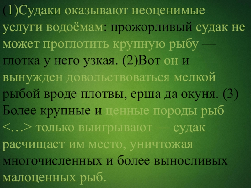 (1)Судаки оказывают неоценимые услуги водоёмам: прожорливый судак не может проглотить крупную рыбу — глотка у него узкая.