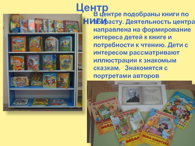 Центр книгиВ центре подобраны книги по возрасту. Деятельность центра направлена на формирование интереса детей к книге и